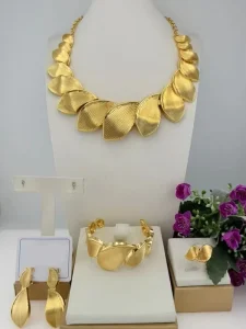 Italian Gold Plated 4Pcs Jewelry Set Ribbed Leaf Bib Necklace Earrings Bracelet Ring for Women Wedding Party