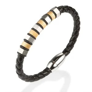 Italian Gold Plated Two Tone Steel Charm Leather Bracelet Stainless Steel Man Bracelet