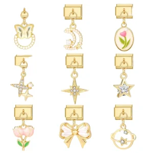 Italian Modular Bracelet Handmade Golden Pendants Retro Fashion Charms Stainless Steel Gold Plated Crystal Diamond
