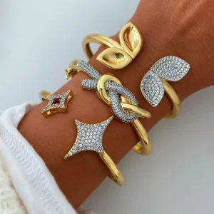 Italian Zircon Studded Copper Bracelet Gold Silver Two Tone Brushed Finish Vintage Starburst Design for Party