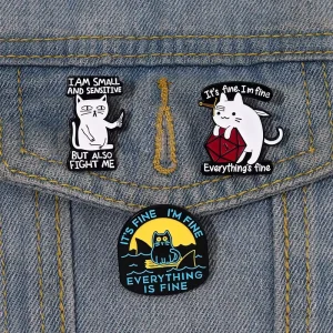 It’s Fine I’m Fine Enamel Pin Custom Funny Cat Sharks Sword Brooch Lapel Badge Kitten Animal Jewelry Gift for Kids Friends