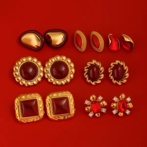 J&D Fashion Jewelry Stainless Steel 18K Gold Stainless Steel Square Hammered Red Agate Earrings