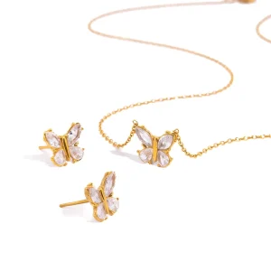 J&D Jewelry 18K Gold Plated Stainless Steel Butterfly Stud Earrings Marquise Cut Cubic Zirconia Sweet Style Jewelry for Women