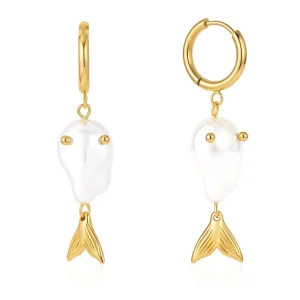 J&D Jewelry 18K Gold Plated Stainless Steel Fish Pearl Drop Earrings Irregular Acrylic Pearl Nautical Resort Style for Women