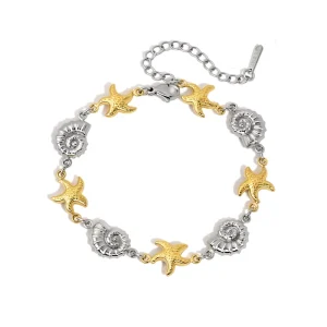 J&D Jewelry 18K Gold Plated Stainless Steel Starfish Conch Charm Bracelet Two-Tone Nautical Jewelry for Women