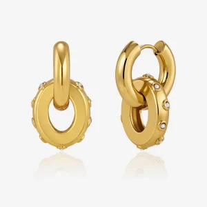 J&D Jewelry Trendy Double Link Huggie Earrings 18K Gold Plated Stainless Steel Rhinestone Accent Hoop Earrings for Women