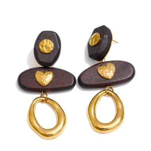 JINYOU 2804 Fashion Jewelry Brown Wood Stainless Steel Gold Plated Heart Hoop Drop Dangle Earrings