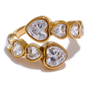JINYOU 3679 Delicate Cubic Zirconia Heart Stainless Steel Gold Color Adjustable Fashion Open Ring High Quality Chic Jewelry