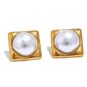 JINYOU 4381 Fashion High grade Simulated Pearls Ear Studs Trendy Stainless Steel Square Stud Earrings for Women Accessories Gift
