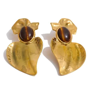 JINYOU 5664 Vintage Style 18K Gold PVD Plated Stainless Steel Natural Stone Heart Earrings with Tiger Eye Stone