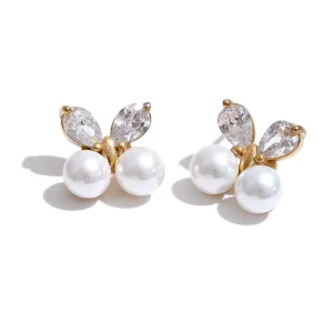 JINYOU 5682 Cute Whimsical Sparkling Cubic Zirconia Earrings Wing Double White Pearl Butterfly Fashion Earrings