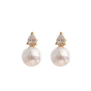 JINYOU 5857 New Trendy Round Simulated Pearl Earrings Waterdrop Shaped Cubic Zirconia Ear Studs