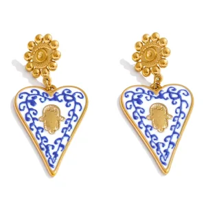 JINYOU 5872 Blue White Porcelain Design Enamel Stainless Steel Heart Drop Earrings 18K Gold Plated Metal Eye Shaped Earrings