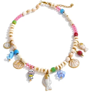 JINYOU 5874 Beaded Charm Choker Necklace Gold Plated Stainless Steel Mixed Resin Ceramic Wood Fish Shell Pendant Necklace