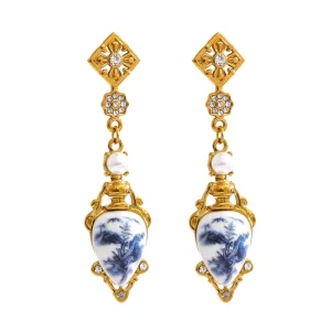 JINYOU 5901 Elegant Blue and White Ceramic Drop Earrings 18K Gold Plated Stainless Steel Cubic Zirconia Pearl Dangle Earrings