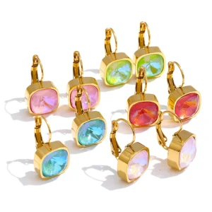 JINYOU 6187 Multi-color Square Crystal Earrings Stainless Steel Plated Gold Drop Earrings Jewelry for Women