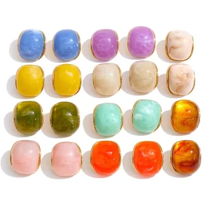 JINYOU 6429 18K Gold Plated Stainless Steel Chunky Square Resin Cabochon Stud Earrings Jewelry for Party