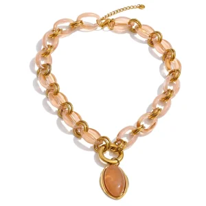 JINYOU 6537 New Trend Acrylic Stainless Steel Chunky Necklace 18K Gold Plated Oval Resin Pendant Necklace