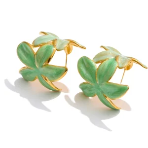 JINYOU 7107 Fashion Exaggerated Enamel Stainless Steel Charm Earrings Big Leaf Hoops Earrings for Women Jewelry