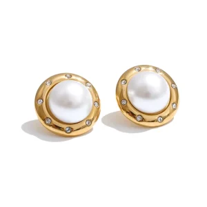 JINYOU 7230 Vintage French Gold Plated Stainless Steel Pearl Earrings Cubic Zirconia Round Stud Earrings for Women Jewelry