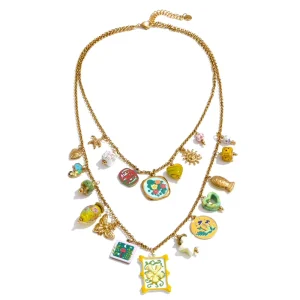 JINYOU 7281 Waterproof PVD Real Gold Plated Stainless Steel Necklace Ceramic Bead Resin Paint Flower Multi Layer Chain Necklace