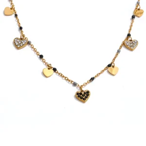 JINYOU 7521 Romantic 18K Gold Plated Stainless Steel Heart Choker Necklace Green Rhinestone Multi Heart Charm Necklace Jewelry