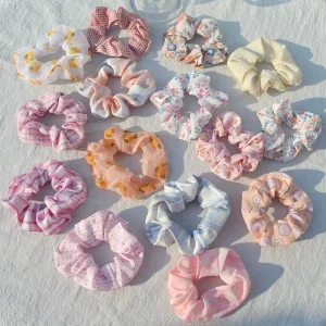 JK Plaid Vintage Flower Scrunchies Hair Ties Elastic Hair Band Scrunchies for Women