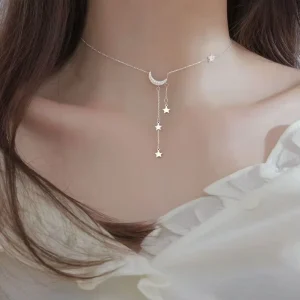 Japan Korea style Star and Moon Alloy Pendant Necklace with Bamboo Chain for Women Trendy Clavicle Length Gift for Girlfriend