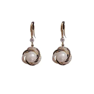 Japanese Korean Trend Micro Inlay Winding Imitation Pearl Alloy Drop Earrings Buckle Unique Temperament Literary Retro