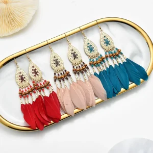 Jc Crystal New Arrival Bohemian National Style Long Tassel and Long Drop Feather Fashion Vintage Earrings Jewelry