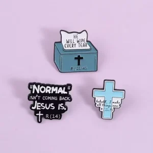 Jesus Christian Bible Quote Casting Enamel Pins He Will Wipe Every Tear Brooch Lapel Badge