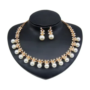 Jewellery Cubic Zirconia Pearl Necklace Pendientes Earrings Bridal Wedding Costume Jewelry Set for Women Dubai