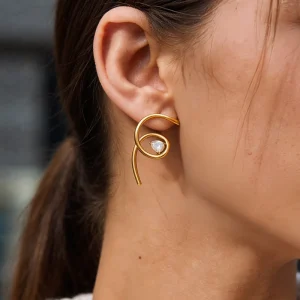 Jewelry 18K Gold Plated Stainless Steel Spiral Stud Earrings Asymmetric AB Style Zirconia Irregular Jewelry for Women