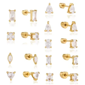 Jewelry 3 Pairs 18K Gold Plated Stainless Steel Stud Earrings Set Mixed Zirconia Bezel Setting Heart Sleep Earrings Women Gift