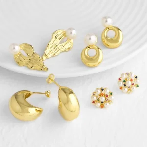 Jewelry AliExpress Cross Border Bestseller Geometric Pearl Stud Earrings Copper Plated 18K Gold C Shaped Cute Womens Ear