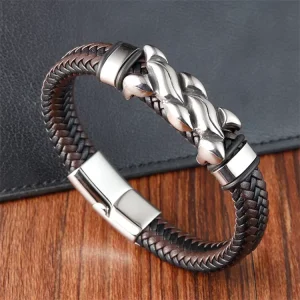 Jewelry Bracelets Bangles Men’s Wristband Custom Stainless Steel Clasp Braided Leather Bracelets