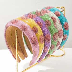 Jewelry Color Block Design Handmade Rhinestone Wide Brimmed Headband for Women Basketball Fans High Crown Hair Accessory