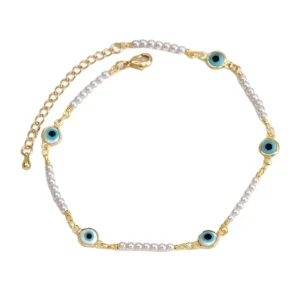 Jewelry Dropshipping Beach Foot Chain Adjustable Women’s Girl Enamel Blue Evils Eyes Charm Beaded Pearl Anklet