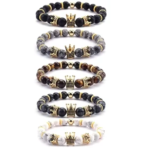 Jewelry Gold White Stone Crown Bracelet Volcanic Stone Bracelet Men Natural Stone Bead Bracelet