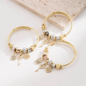 Jewelry Korean Style Fashion Panjia Dora Gold Stainless Steel Unisex Beaded Key Clover Pendant Bracelet
