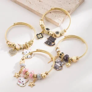 Jewelry New Panjia Dora Style Diamond Stainless Steel Couple Bracelet Fashion All Match Little Cat Clover