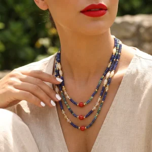 Jewelry New Trendy Orthodox Natural Stone Lapis Lazuli Red Agate Pedant Beaded Necklace for Gift