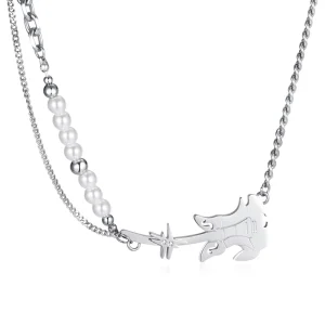 Jewelry Online Shop Half Pearl Half Chain Stainless Steels Guitar Pendant Layered Collarbone Necklace for Women