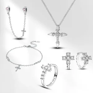 Jewelry Set Classical Silver 925 Cross Charms Beads Rings Earrings Necklace Bracelet for Religious Ceremonies in Silver
