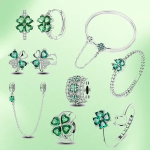 Jewelry Set Green Four Leaves Silver 925 Cross Charms Beads Rings Earrings Necklace Bracelet for Religious Ceremonies