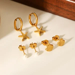 Jewelry Set Hypoallergenic 3 Pairs 18K PVD Gold Plated Earring Set with Sea Star Scallop Shell Freshwater Pearl Stud