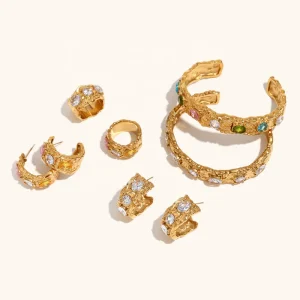 Jewelry Set Vintage Irregular Hammered Colorful Zircon Bangle & Ring & Earrings
