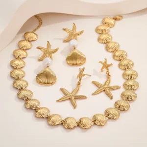 Jewelry Set with 18K Gold Plated Stainless Steel Shell Necklace & Pearl Stud Earrings for Women Anniversary