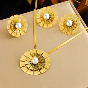Jewelry Sets for Women Stainless Steel Pearl Flower Necklace Rings Gemstone Stud Earrings