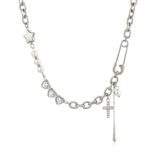 Jewelry Stainless Steel Cross Safety Pin Necklace Heart Zirconia Shell Pearl Star Charm Jewelry for Women Waterproof